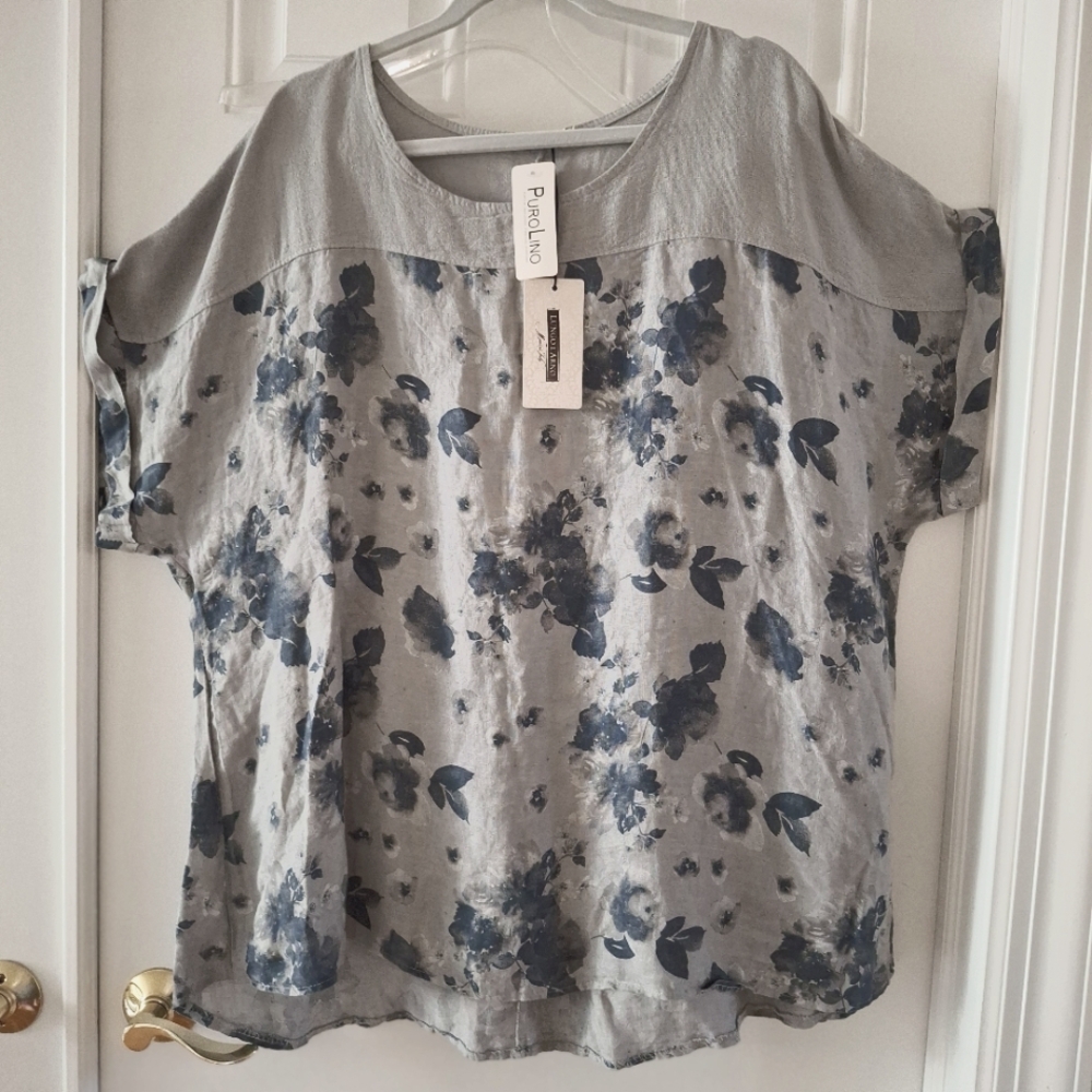 NWT 100% Linen Floral Gray/Blue Women's Top 3X Lagenlook Italy Summer Casual Fun